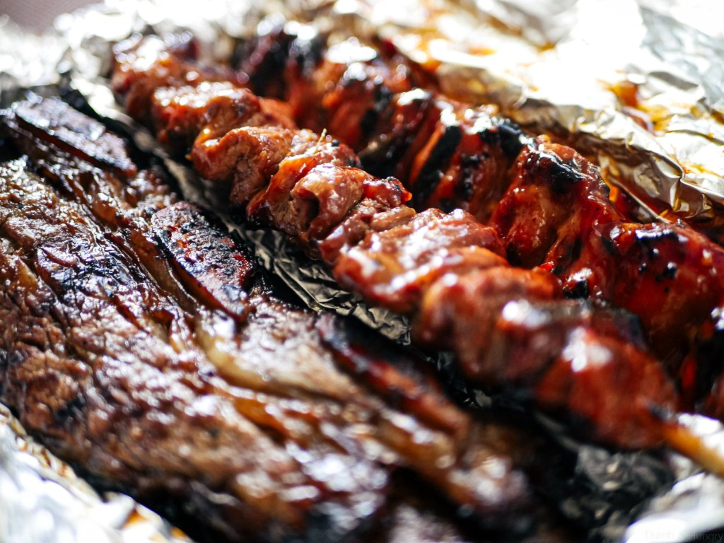 Chicken and pork skewers, and beef short rib